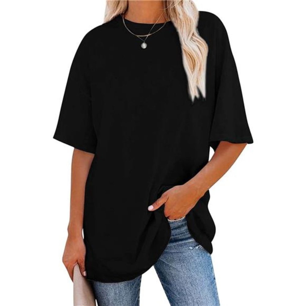 Oversized T Shirts Short Sleeve Loose Fit Crewneck Plain Tunic Tops For Women - Picture 3 of 7